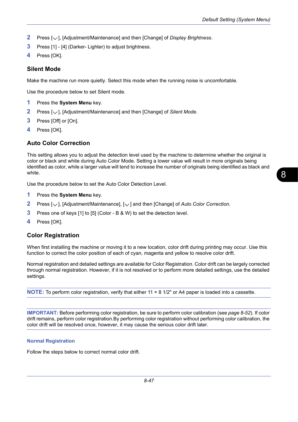 Silent mode, Auto color correction, Color registration | Silent mode …8-47, Auto color correction -47, Color registration -47 | TA Triumph-Adler DCC 2725 User Manual | Page 287 / 436
