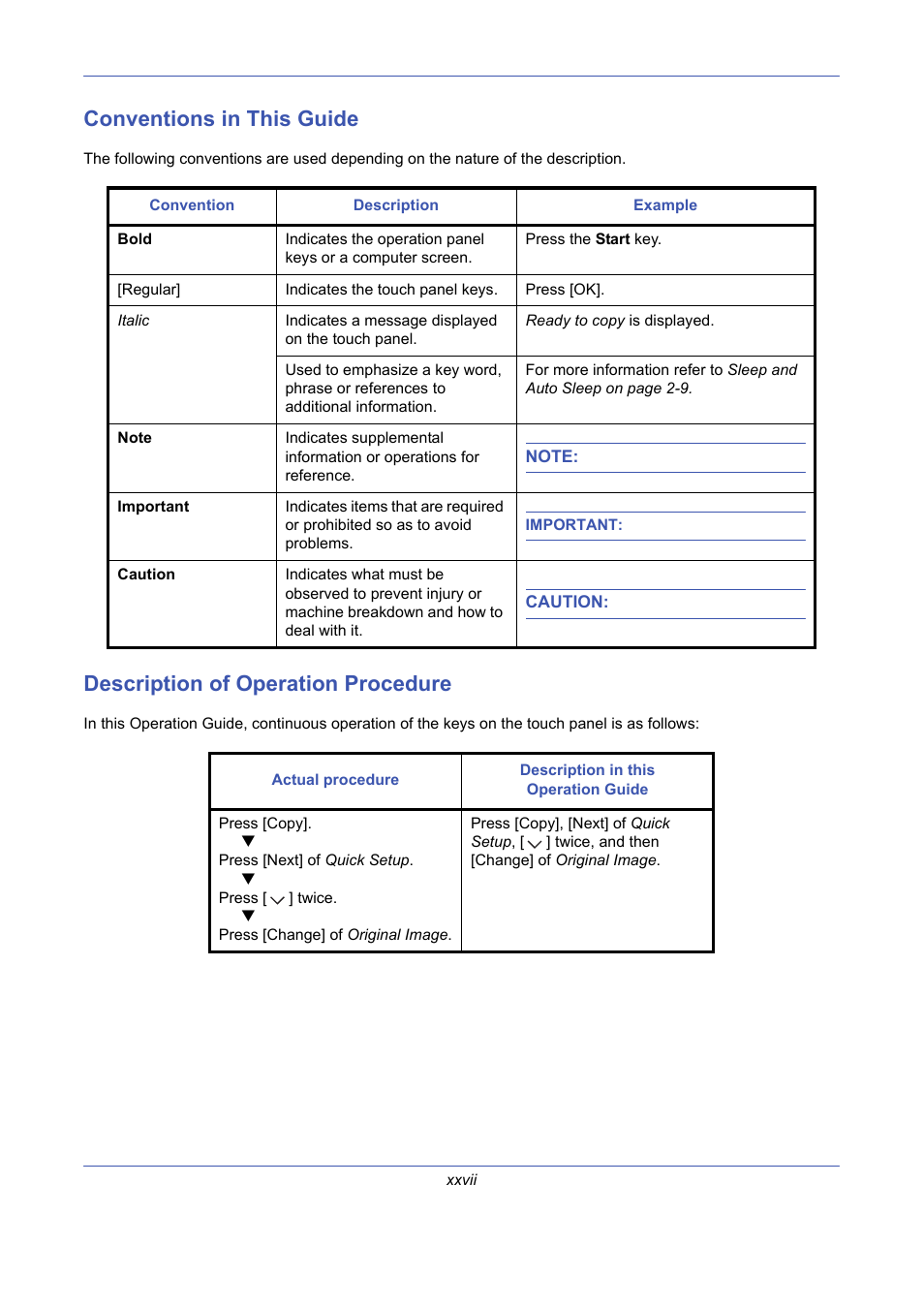 Conventions in this guide, Description of operation procedure | TA Triumph-Adler DCC 2725 User Manual | Page 29 / 436