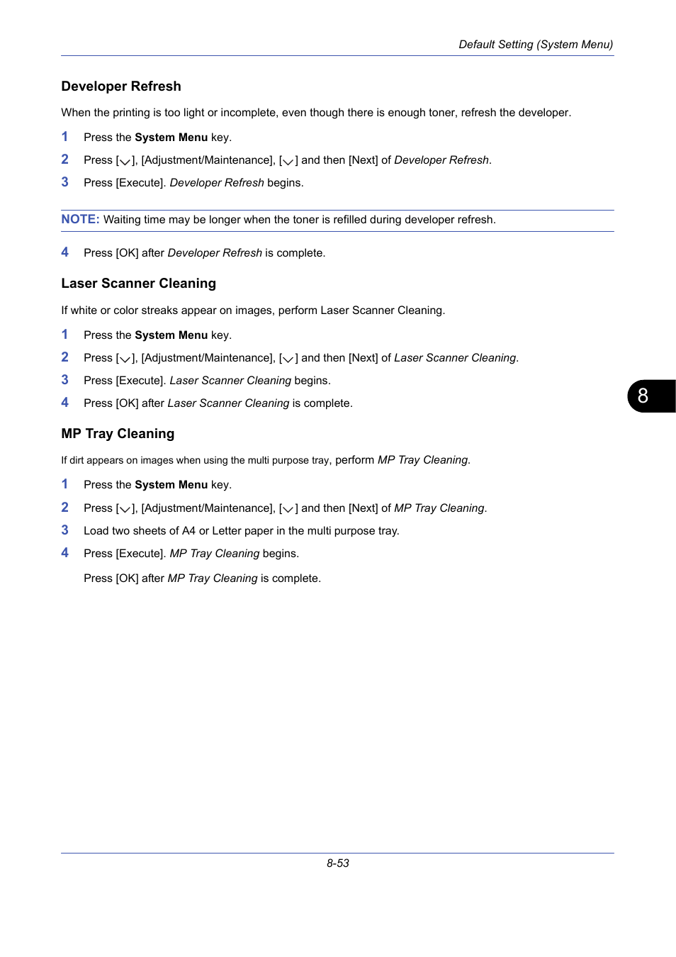 Developer refresh, Laser scanner cleaning, Mp tray cleaning | Developer refresh -53, Laser scanner cleaning -53 | TA Triumph-Adler DCC 2725 User Manual | Page 293 / 436