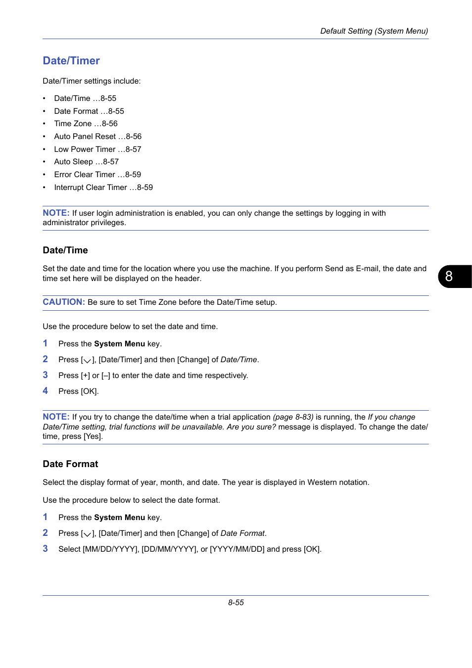 Date/timer, Date/time, Date format | Date/timer -55 | TA Triumph-Adler DCC 2725 User Manual | Page 295 / 436