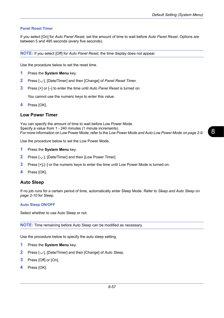 Low power timer, Auto sleep, Low power timer …8-57 | Auto sleep …8-57 | TA Triumph-Adler DCC 2725 User Manual | Page 297 / 436