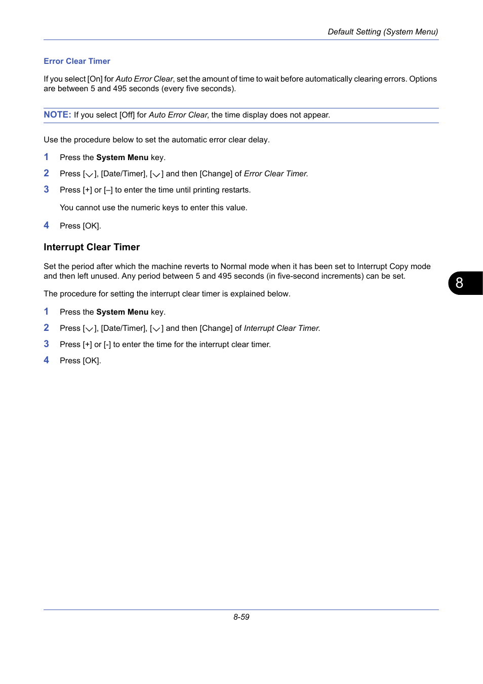 Interrupt clear timer, Error clear timer …8-59, Interrupt clear timer …8-59 | TA Triumph-Adler DCC 2725 User Manual | Page 299 / 436