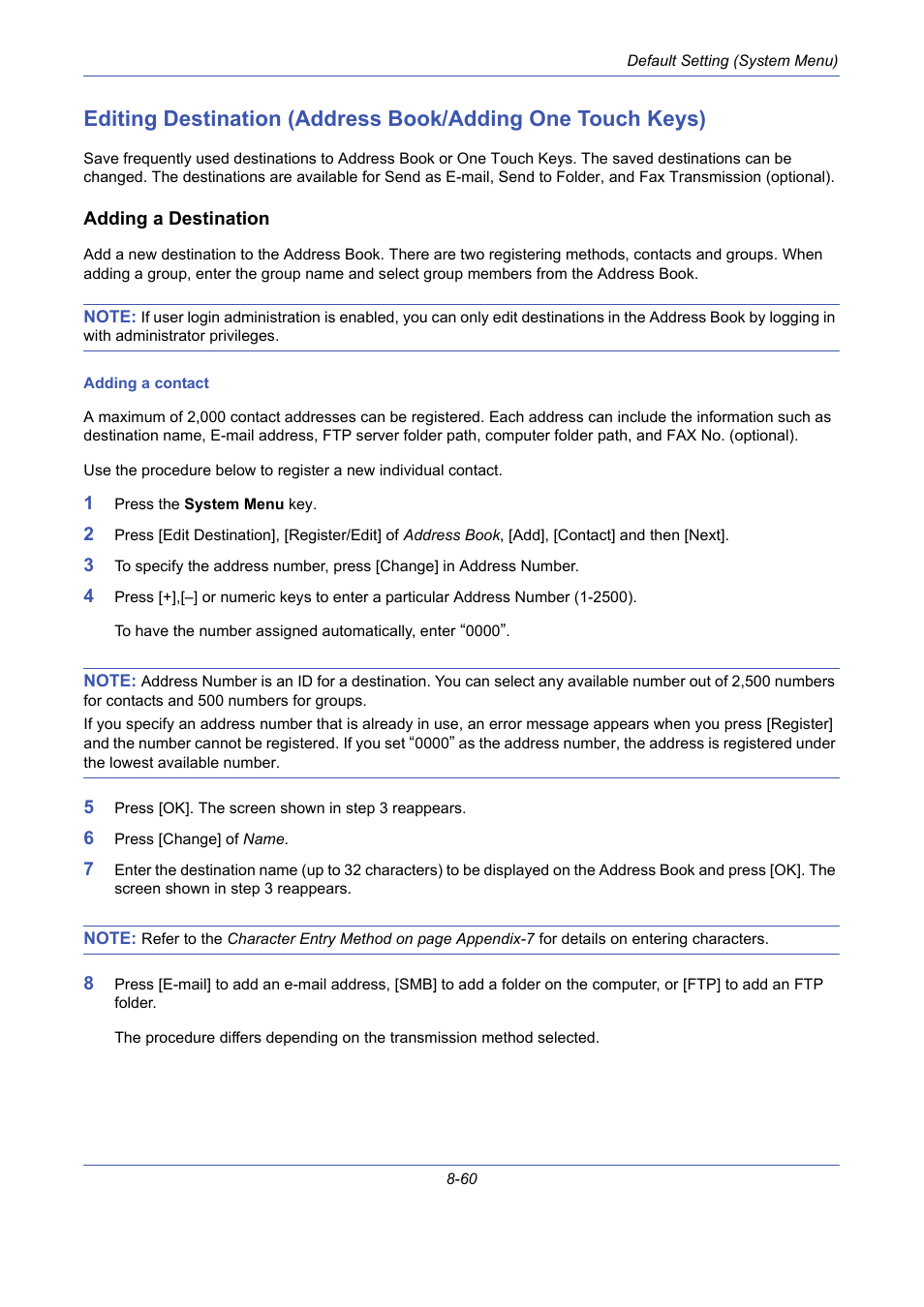 Adding a destination, Editing destination (address book/adding, One touch keys) | TA Triumph-Adler DCC 2725 User Manual | Page 300 / 436