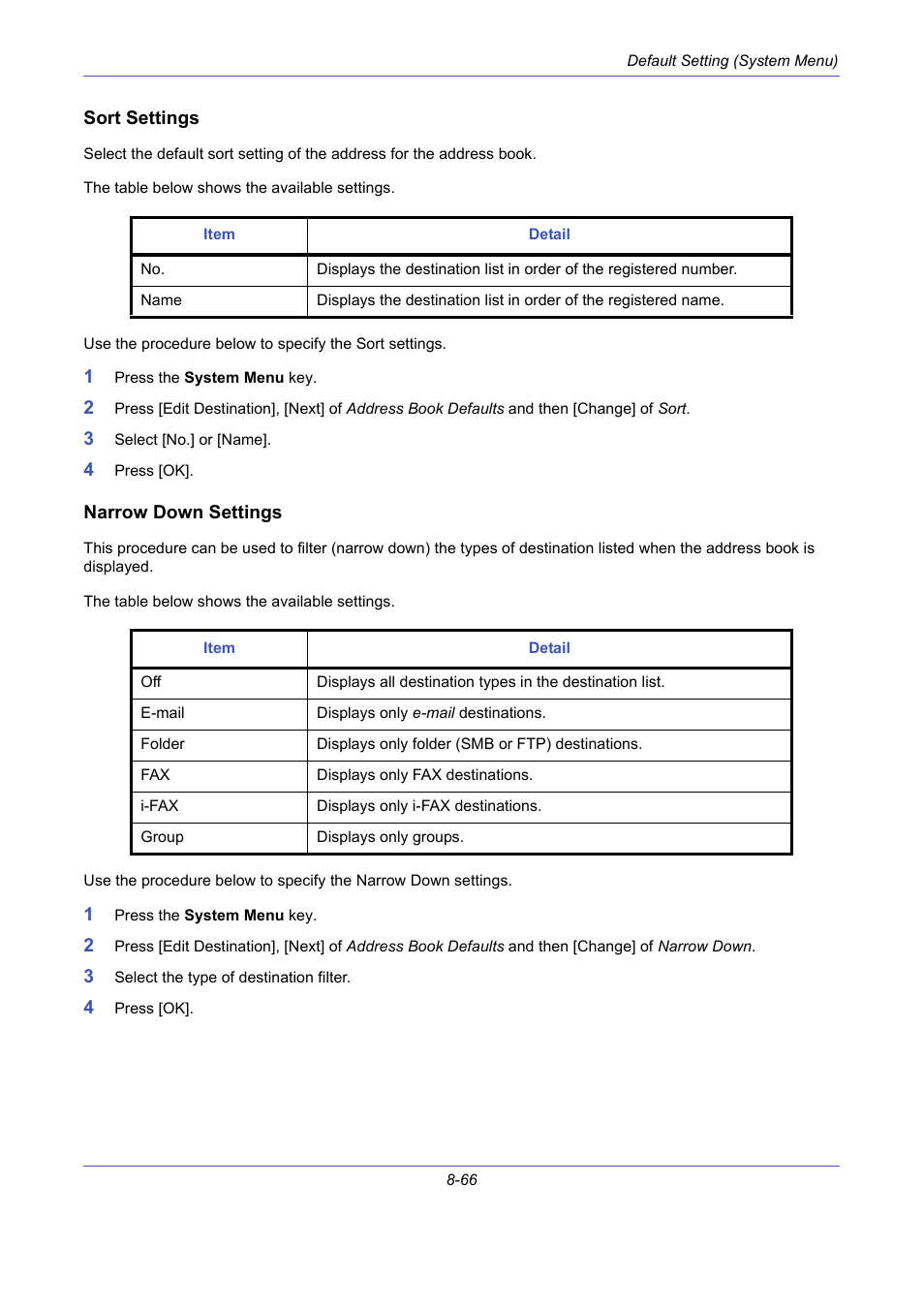 Sort settings, Narrow down settings | TA Triumph-Adler DCC 2725 User Manual | Page 306 / 436