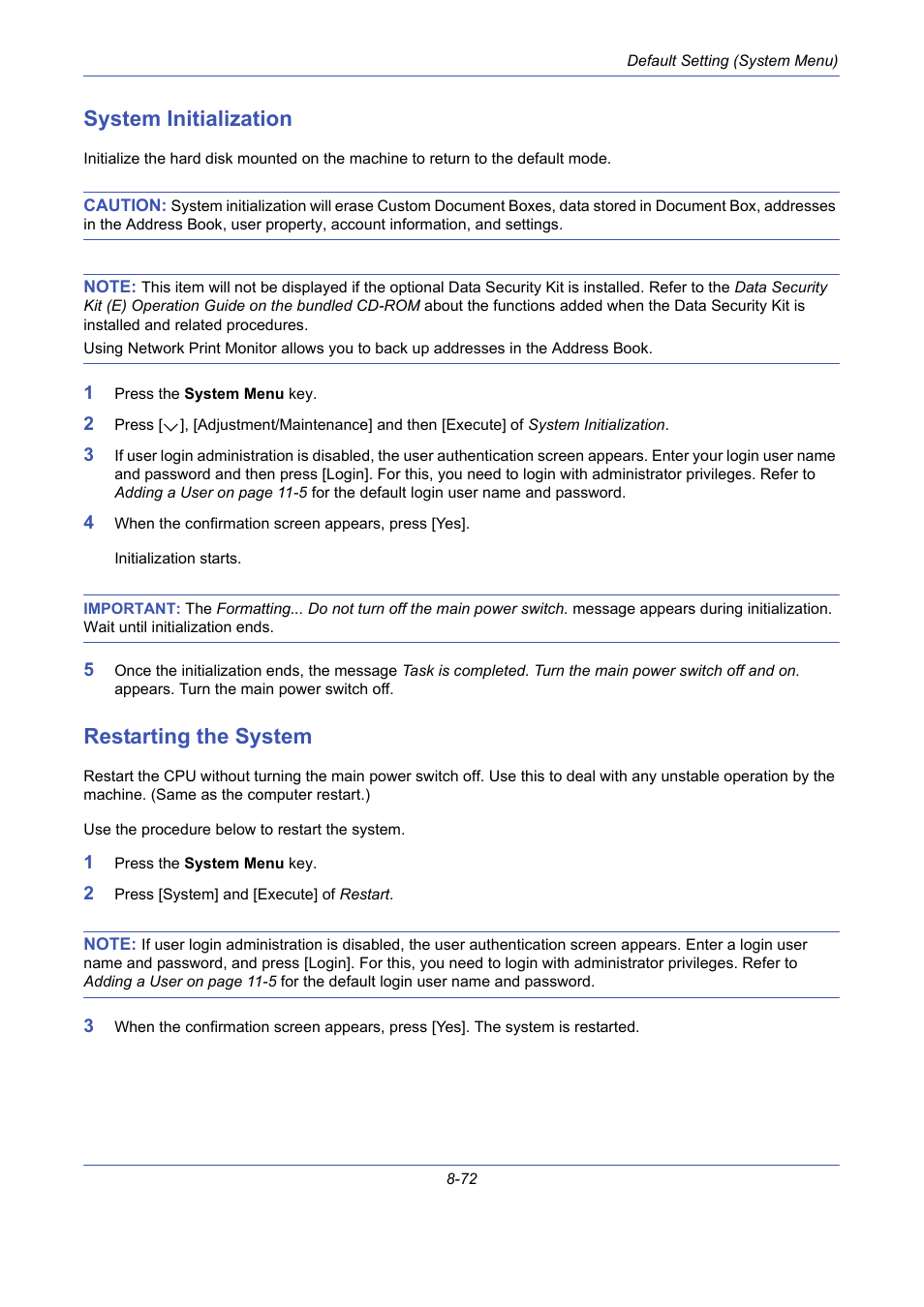 System initialization, Restarting the system, System initialization -72 | Restarting the system -72 | TA Triumph-Adler DCC 2725 User Manual | Page 312 / 436