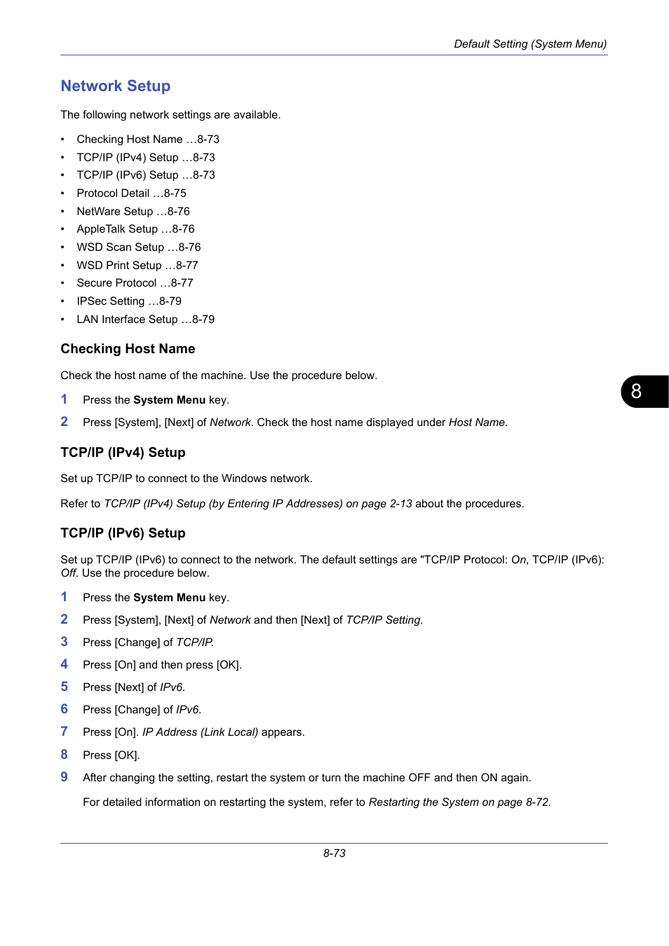 Network setup, Checking host name, Tcp/ip (ipv4) setup | Tcp/ip (ipv6) setup, Network setup -73, The network setup on 8-73 | TA Triumph-Adler DCC 2725 User Manual | Page 313 / 436