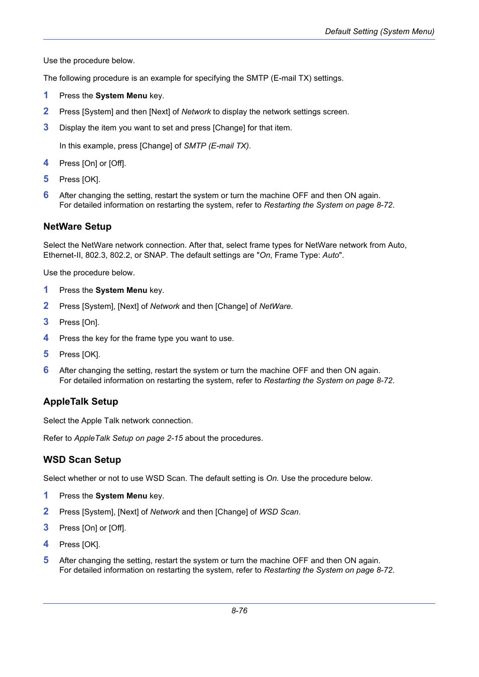 Netware setup, Appletalk setup, Wsd scan setup | Netware setup …8-76, Appletalk setup …8-76, Wsd scan setup …8-76 | TA Triumph-Adler DCC 2725 User Manual | Page 316 / 436