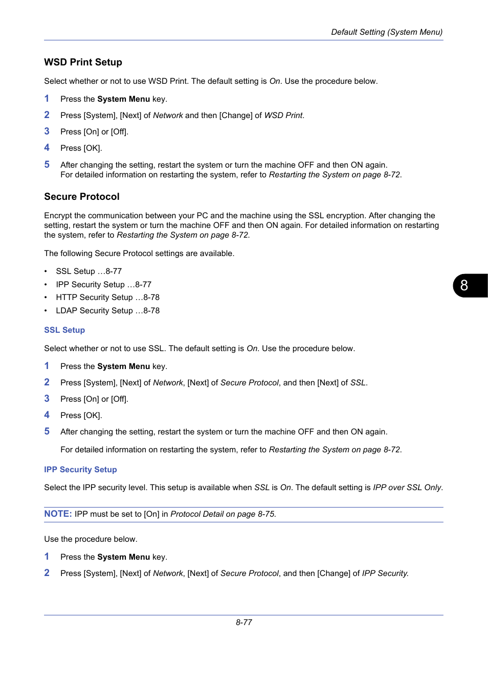 Wsd print setup, Secure protocol, Wsd print setup …8-77 | Secure protocol …8-77 | TA Triumph-Adler DCC 2725 User Manual | Page 317 / 436