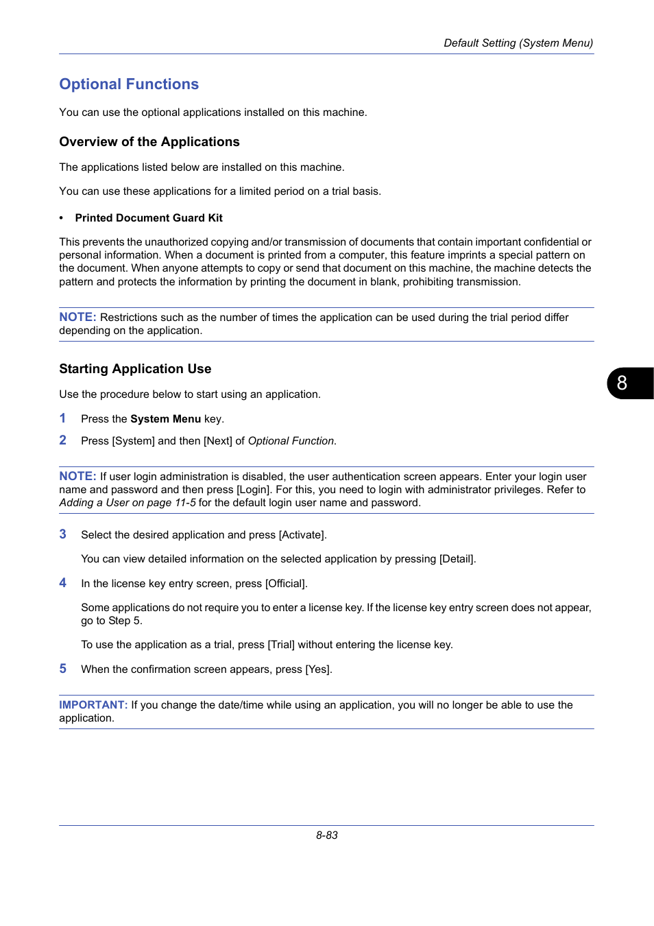 Optional functions, Overview of the applications, Starting application use | Optional functions -83 | TA Triumph-Adler DCC 2725 User Manual | Page 323 / 436