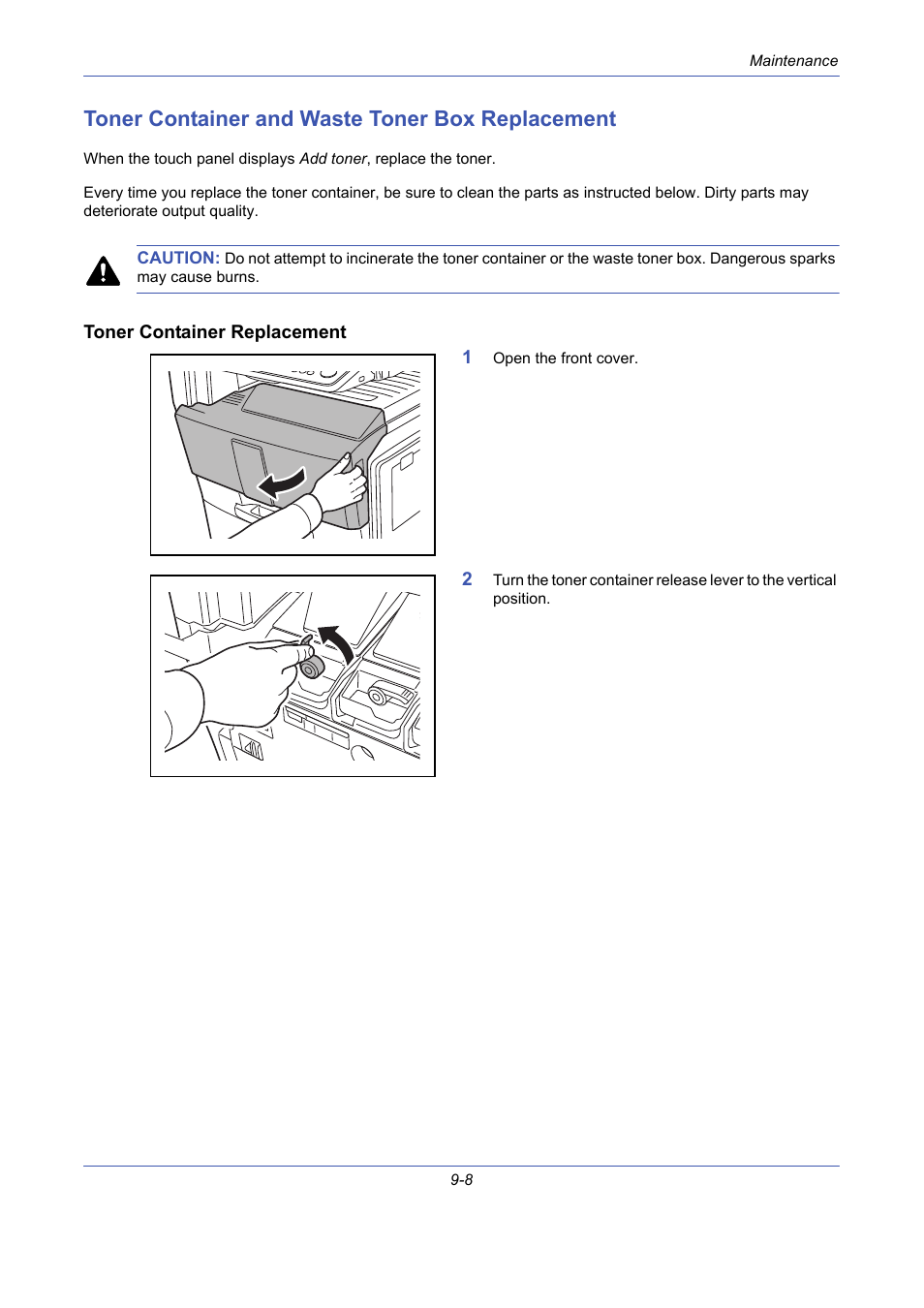 Toner container and waste toner box replacement, Toner container replacement, Toner container and waste toner box replacement -8 | TA Triumph-Adler DCC 2725 User Manual | Page 332 / 436