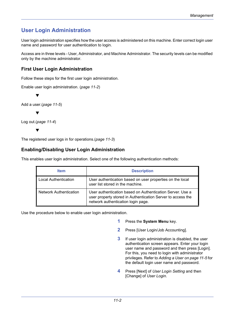 User login administration, First user login administration, Enabling/disabling user login administration | User login administration -2 | TA Triumph-Adler DCC 2725 User Manual | Page 368 / 436