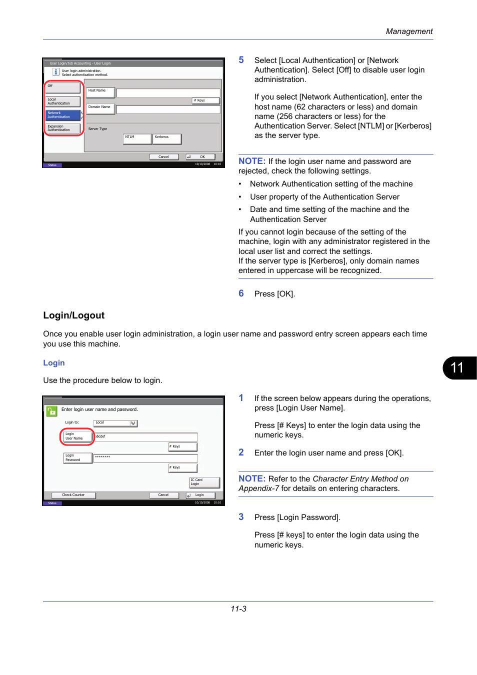 Login/logout, Management 11-3, Press [ok | Enter the login user name and press [ok | TA Triumph-Adler DCC 2725 User Manual | Page 369 / 436