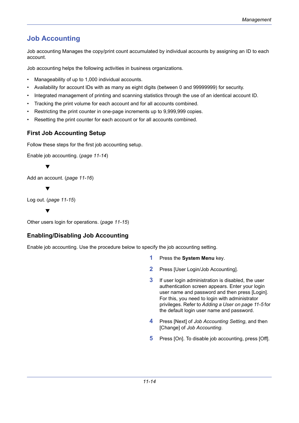 Job accounting, First job accounting setup, Enabling/disabling job accounting | Job accounting -14 | TA Triumph-Adler DCC 2725 User Manual | Page 380 / 436