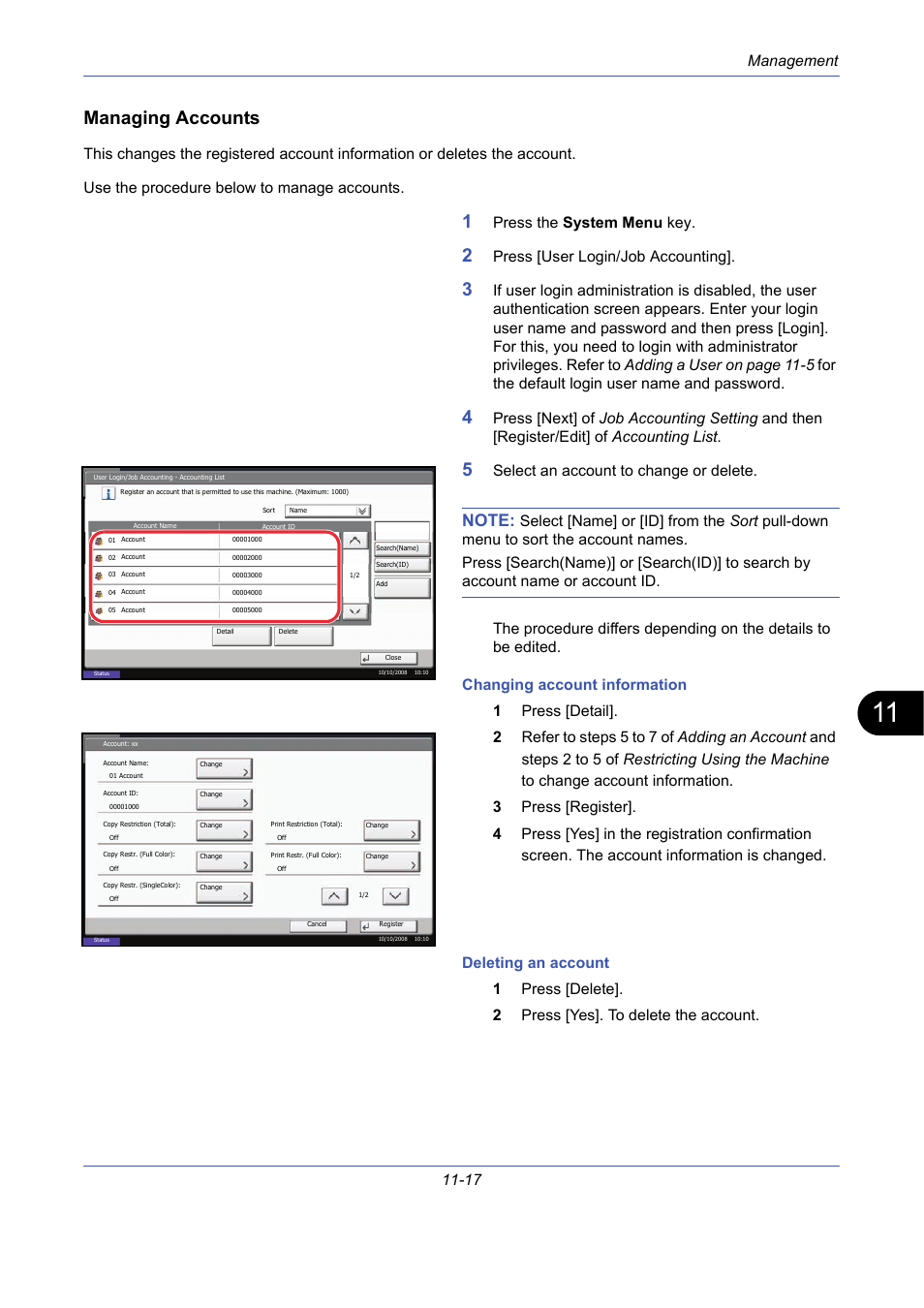 Managing accounts, Management 11-17, Press the system menu key | Press [user login/job accounting, Select an account to change or delete | TA Triumph-Adler DCC 2725 User Manual | Page 383 / 436