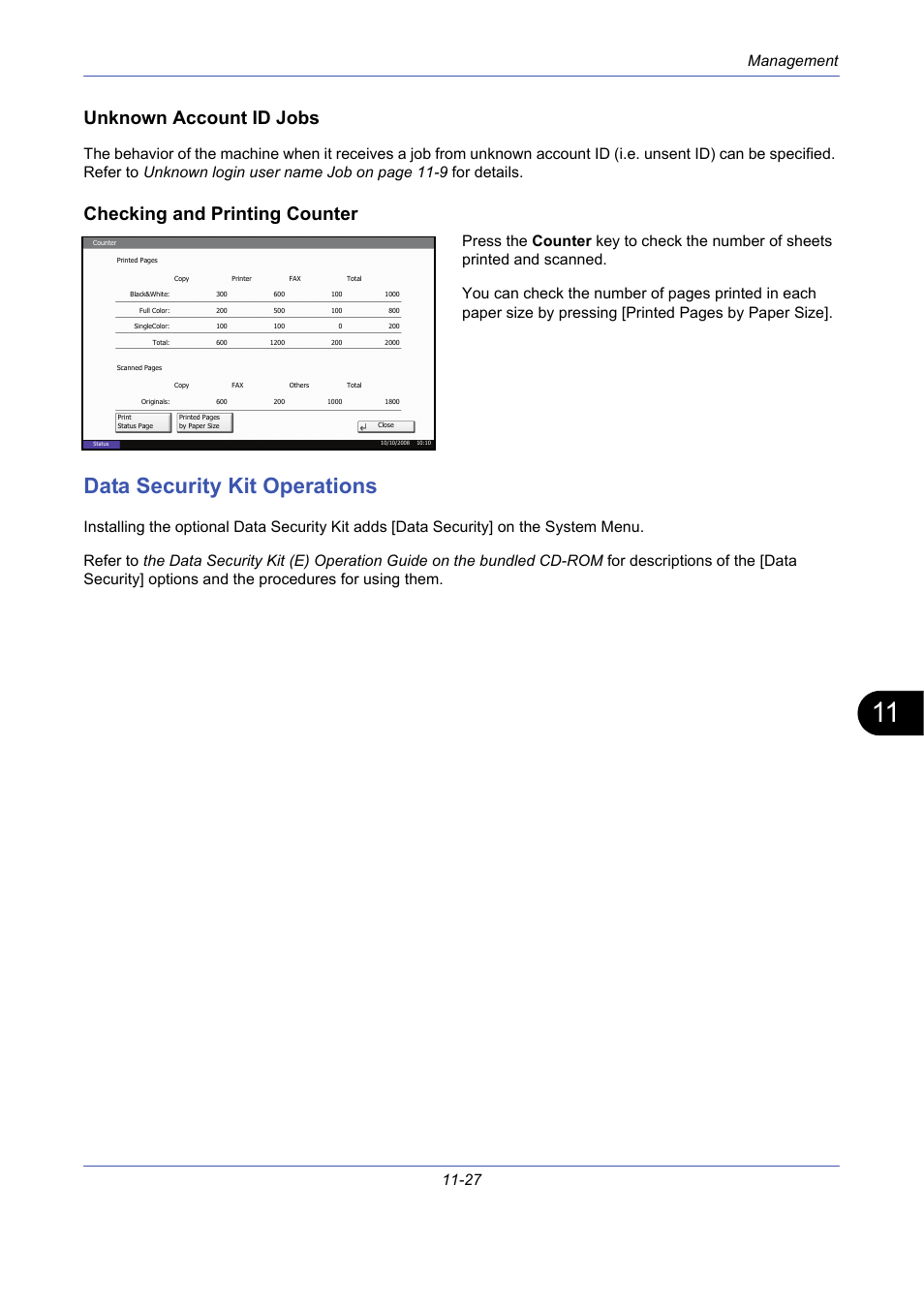Unknown account id jobs, Checking and printing counter, Data security kit operations | Data security kit operations -27, Management 11-27 | TA Triumph-Adler DCC 2725 User Manual | Page 393 / 436