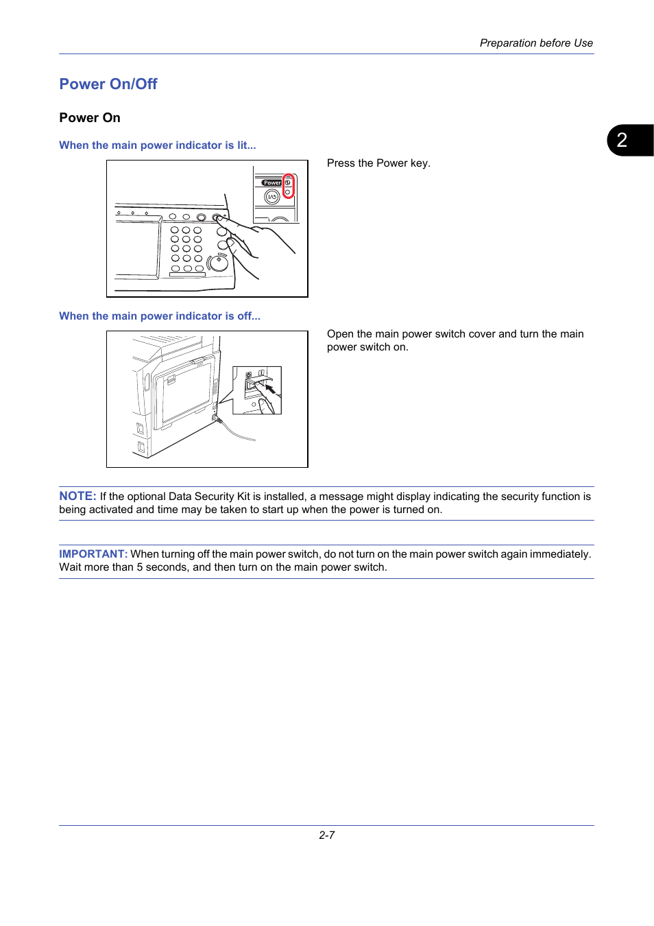 Power on/off, Power on, Power on/off -7 | TA Triumph-Adler DCC 2725 User Manual | Page 43 / 436