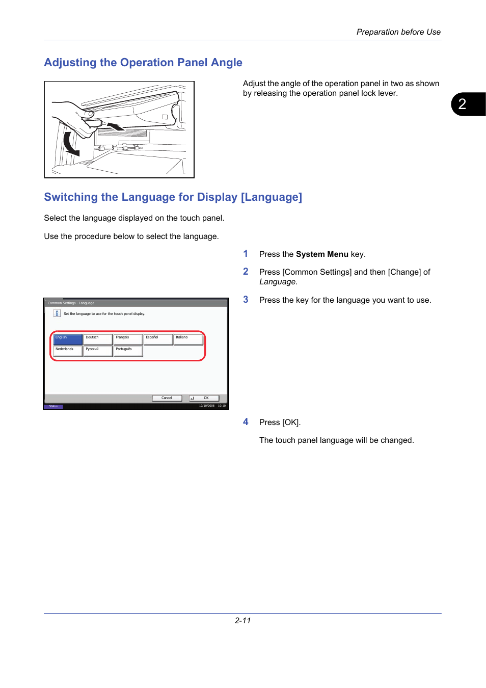 Adjusting the operation panel angle, Switching the language for display [language, Adjusting the operation panel angle -11 | Switching the language for display [language] -11 | TA Triumph-Adler DCC 2725 User Manual | Page 47 / 436