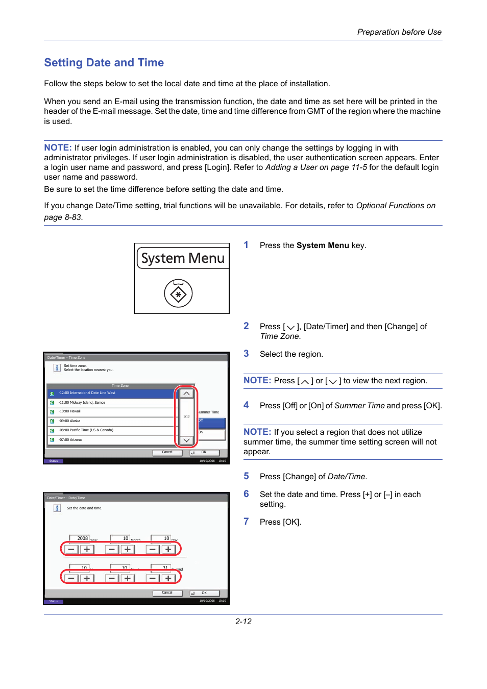 Setting date and time, Setting date and time -12, Preparation before use 2-12 | Press the system menu key, Select the region, Press [ ] or [ ] to view the next region, Press [off] or [on] of summer time and press [ok, Press [change] of date/time, Press [ok | TA Triumph-Adler DCC 2725 User Manual | Page 48 / 436