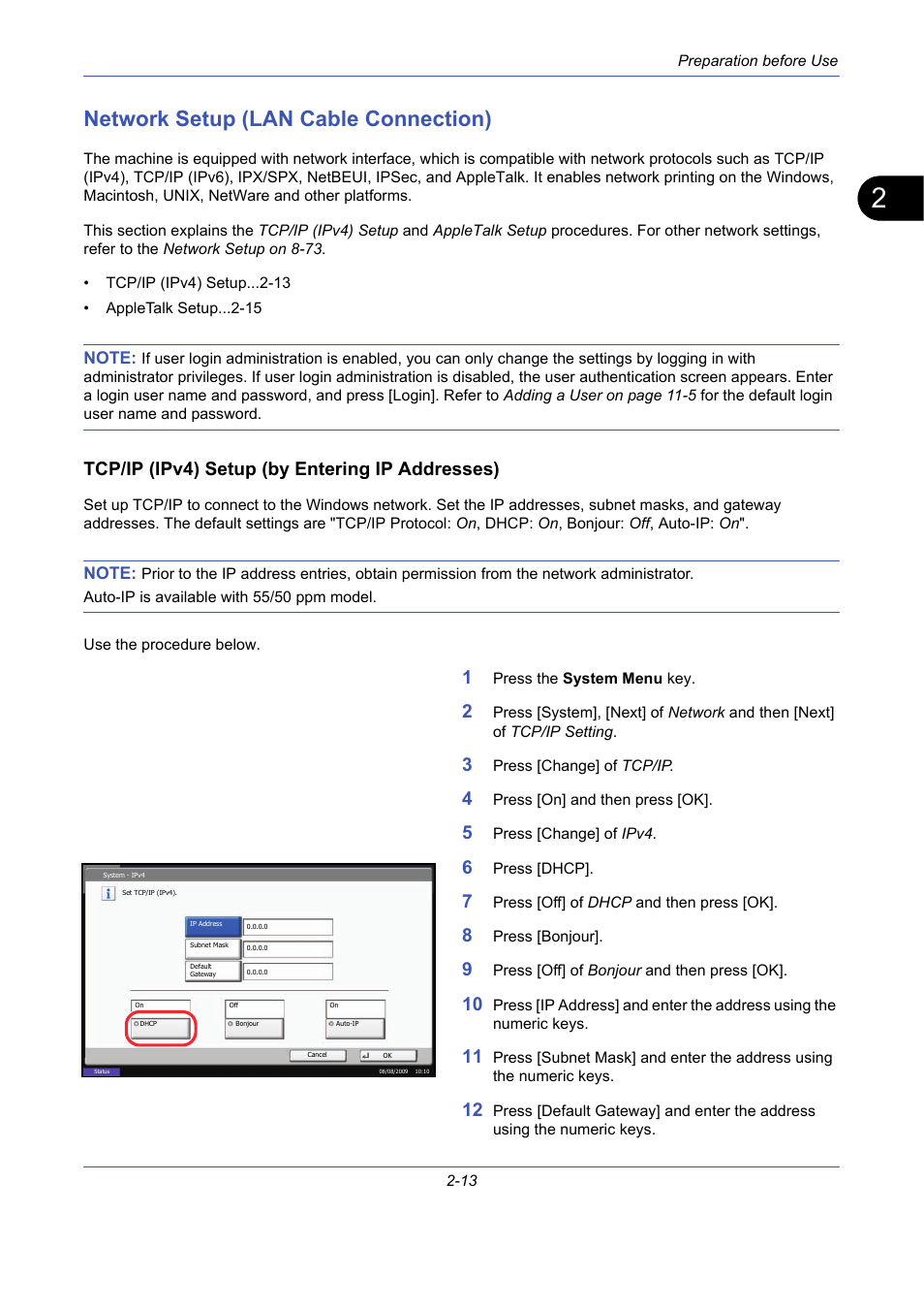 Network setup (lan cable connection), Tcp/ip (ipv4) setup (by entering ip addresses), Network setup (lan cable connection) -13 | TA Triumph-Adler DCC 2725 User Manual | Page 49 / 436