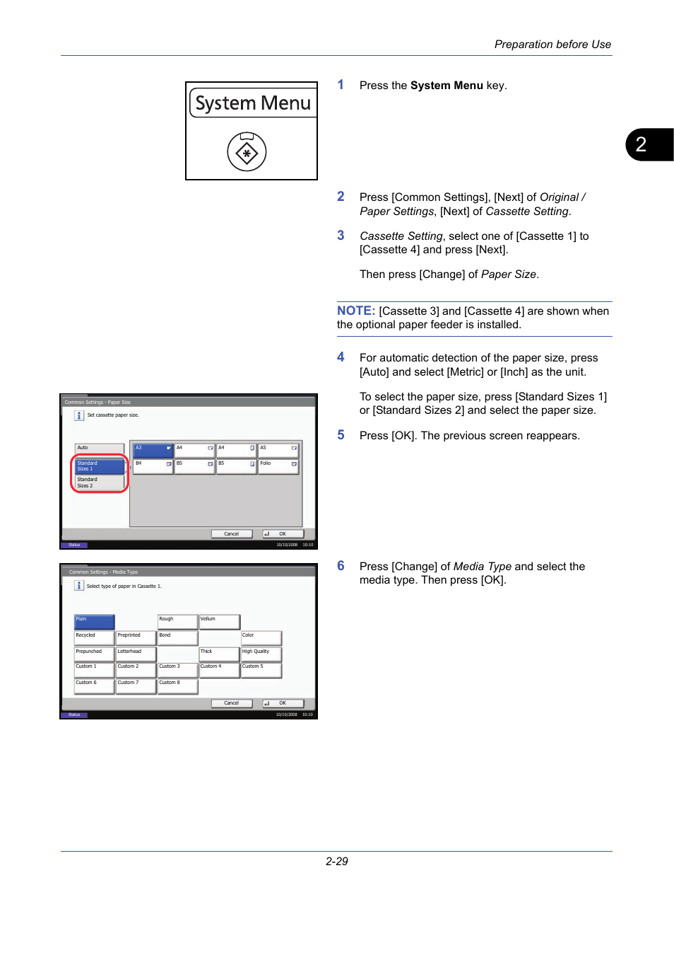 Preparation before use 2-29, Press the system menu key, Press [ok]. the previous screen reappears | TA Triumph-Adler DCC 2725 User Manual | Page 65 / 436