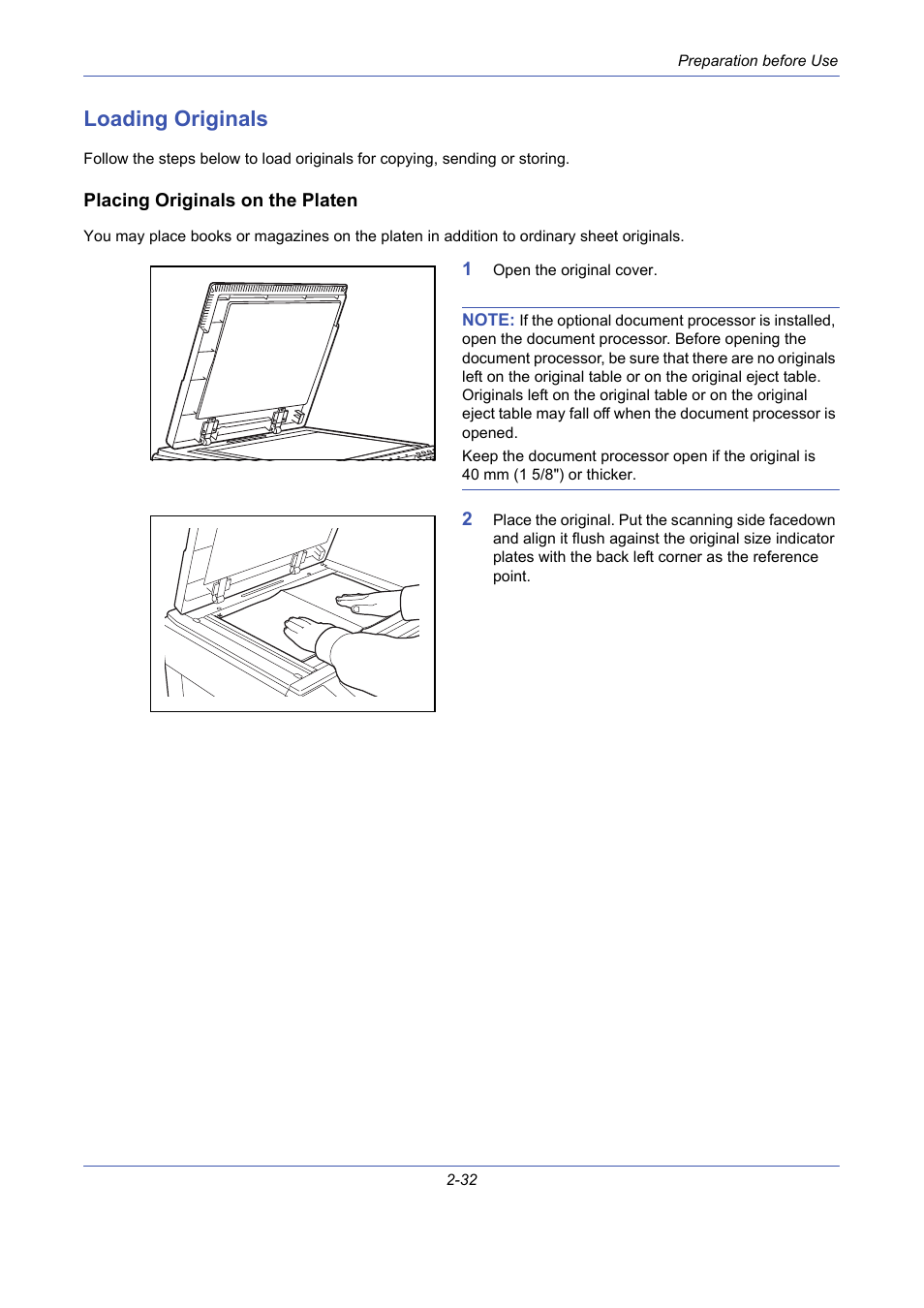 Loading originals, Placing originals on the platen, Loading originals -32 | Placing originals on, The platen | TA Triumph-Adler DCC 2725 User Manual | Page 68 / 436