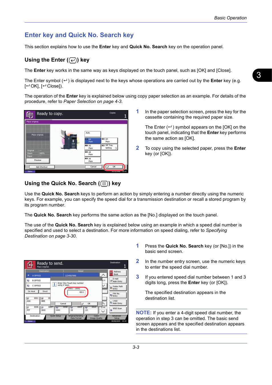 Enter key and quick no. search key, Using the enter () key, Using the quick no. search () key | Enter key and quick no. search key -3, Using the enter ( ) key, Using the quick no. search ( ) key, Basic operation 3-3 | TA Triumph-Adler DCC 2725 User Manual | Page 75 / 436