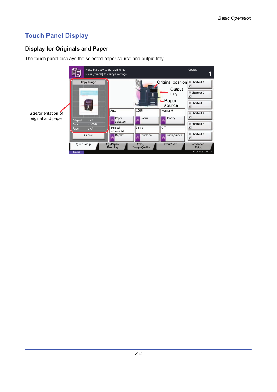 Touch panel display, Display for originals and paper, Touch panel display -4 | Basic operation 3-4, Paper source | TA Triumph-Adler DCC 2725 User Manual | Page 76 / 436