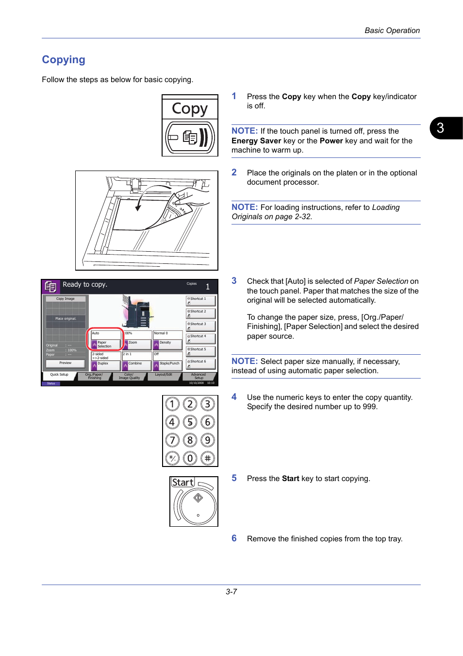 Copying, Copying -7, Basic operation 3-7 | Follow the steps as below for basic copying, Press the start key to start copying, Remove the finished copies from the top tray | TA Triumph-Adler DCC 2725 User Manual | Page 79 / 436