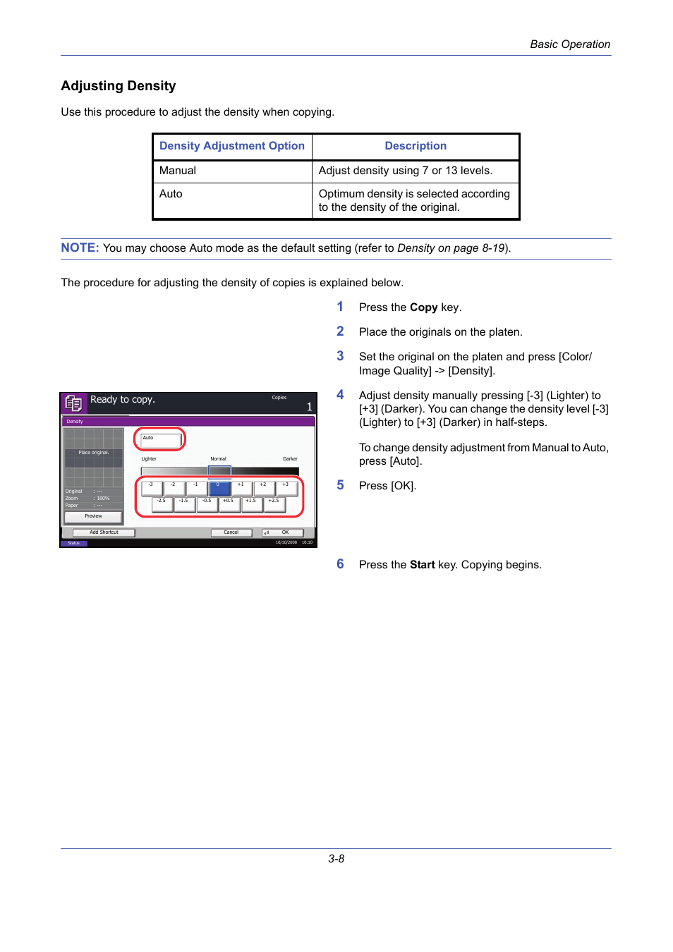Adjusting density, Basic operation 3-8, Press the copy key | Place the originals on the platen, Press [ok | TA Triumph-Adler DCC 2725 User Manual | Page 80 / 436