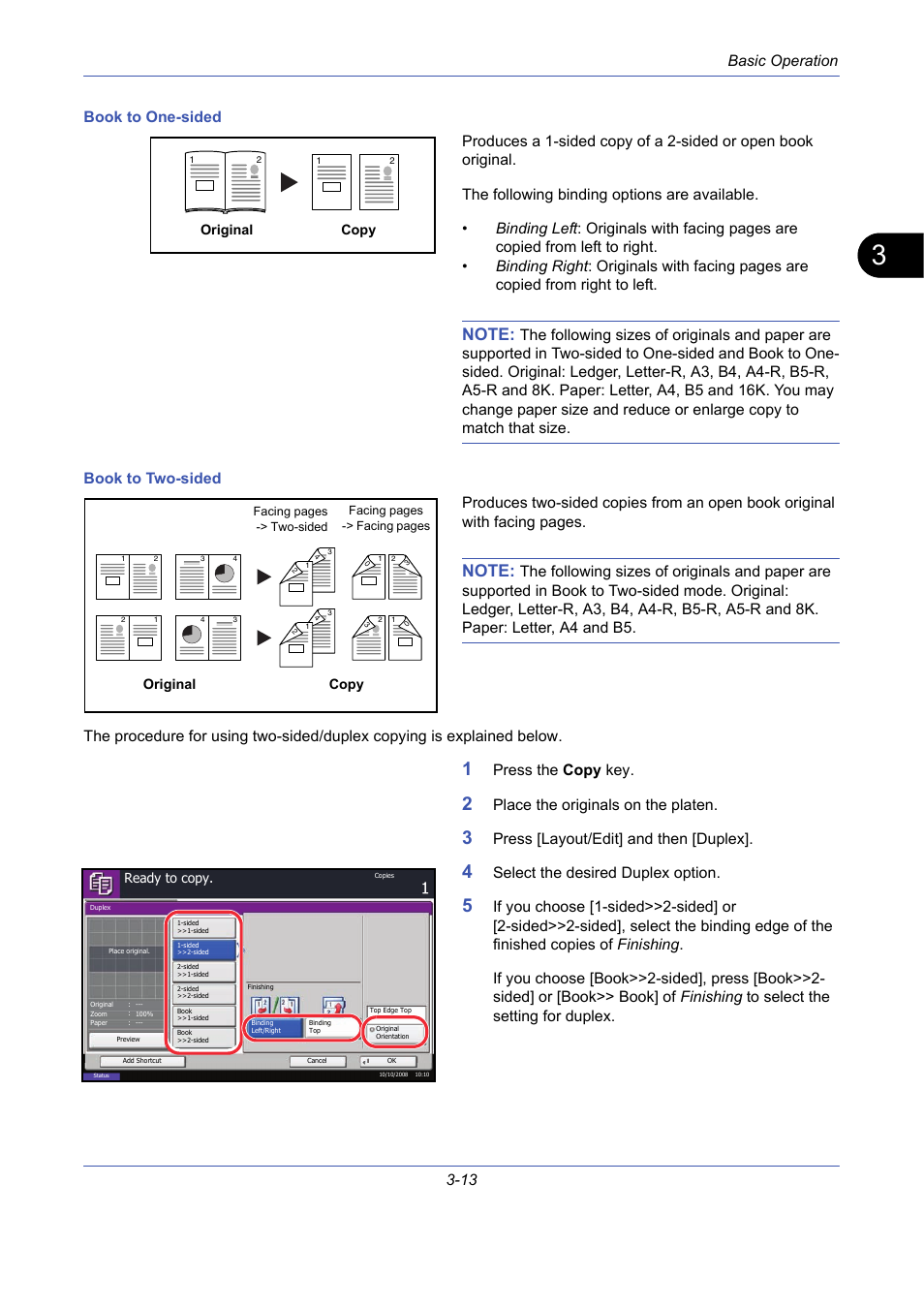Basic operation 3-13, Press the copy key, Place the originals on the platen | Press [layout/edit] and then [duplex, Select the desired duplex option | TA Triumph-Adler DCC 2725 User Manual | Page 85 / 436