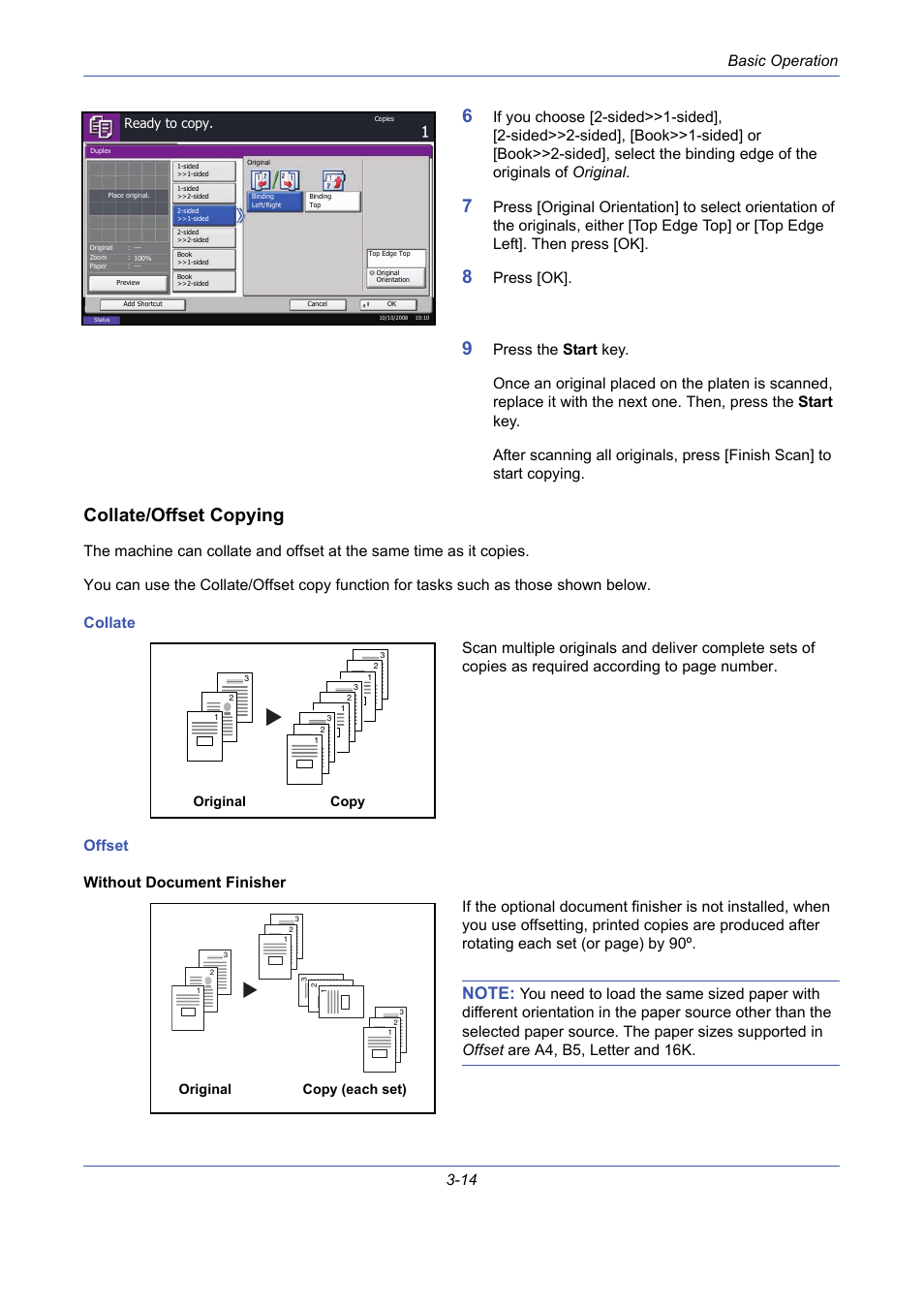 Collate/offset copying, Basic operation 3-14, Press [ok | Original copy, Original copy (each set) | TA Triumph-Adler DCC 2725 User Manual | Page 86 / 436