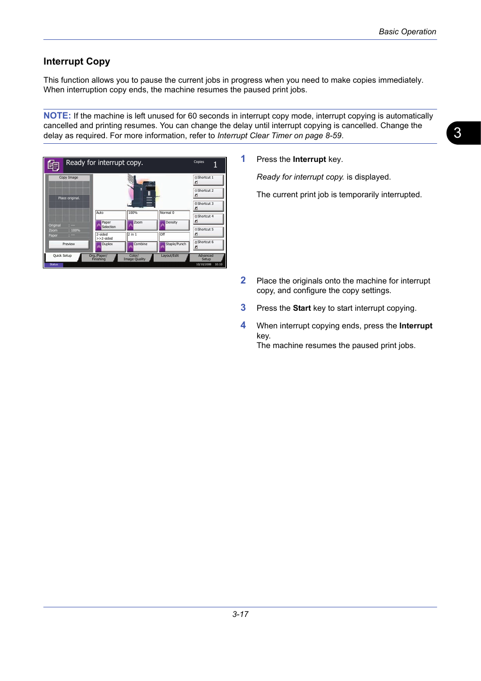 Interrupt copy, Basic operation 3-17, Press the start key to start interrupt copying | TA Triumph-Adler DCC 2725 User Manual | Page 89 / 436