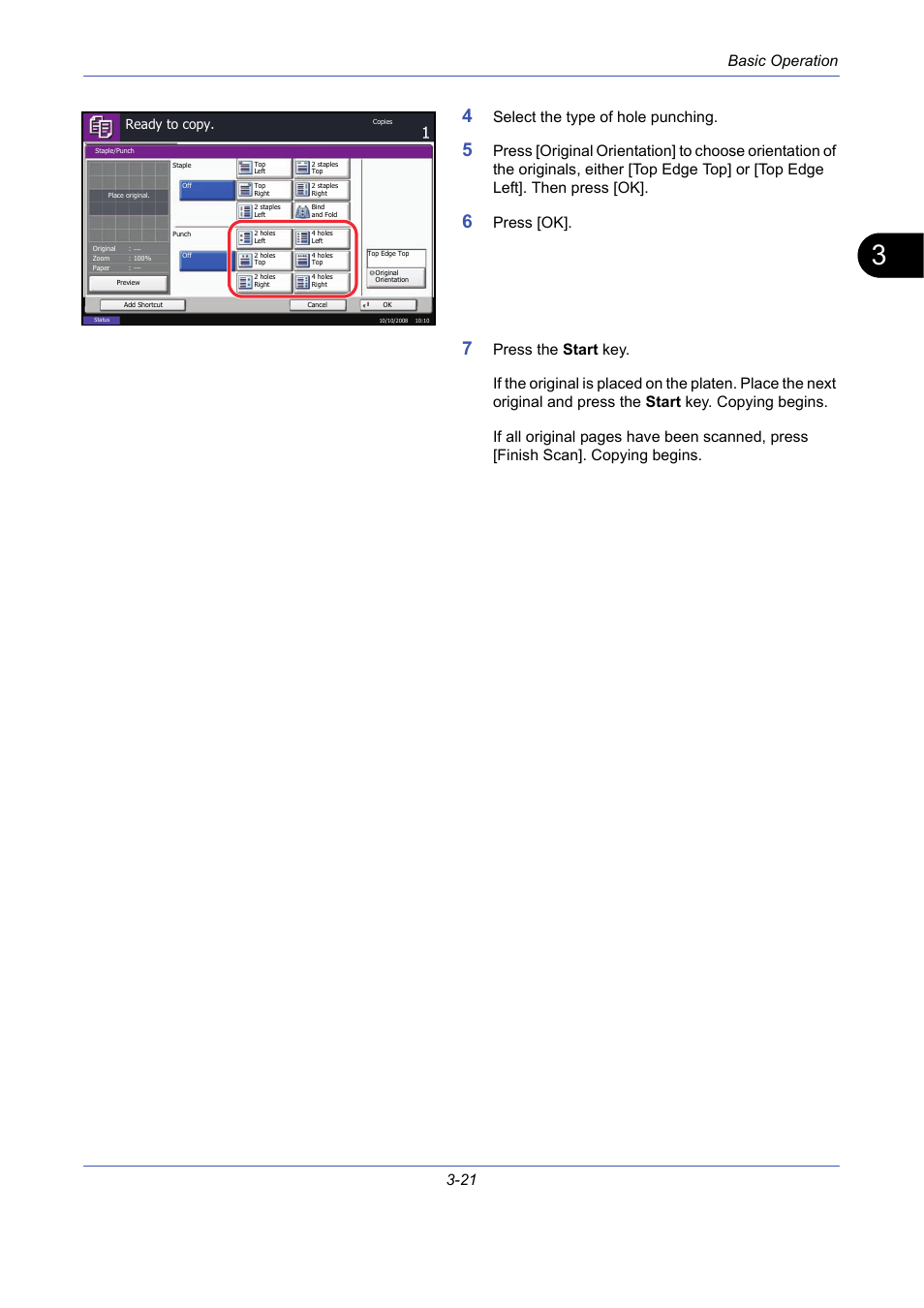 Basic operation 3-21, Select the type of hole punching, Press [ok | TA Triumph-Adler DCC 2725 User Manual | Page 93 / 436