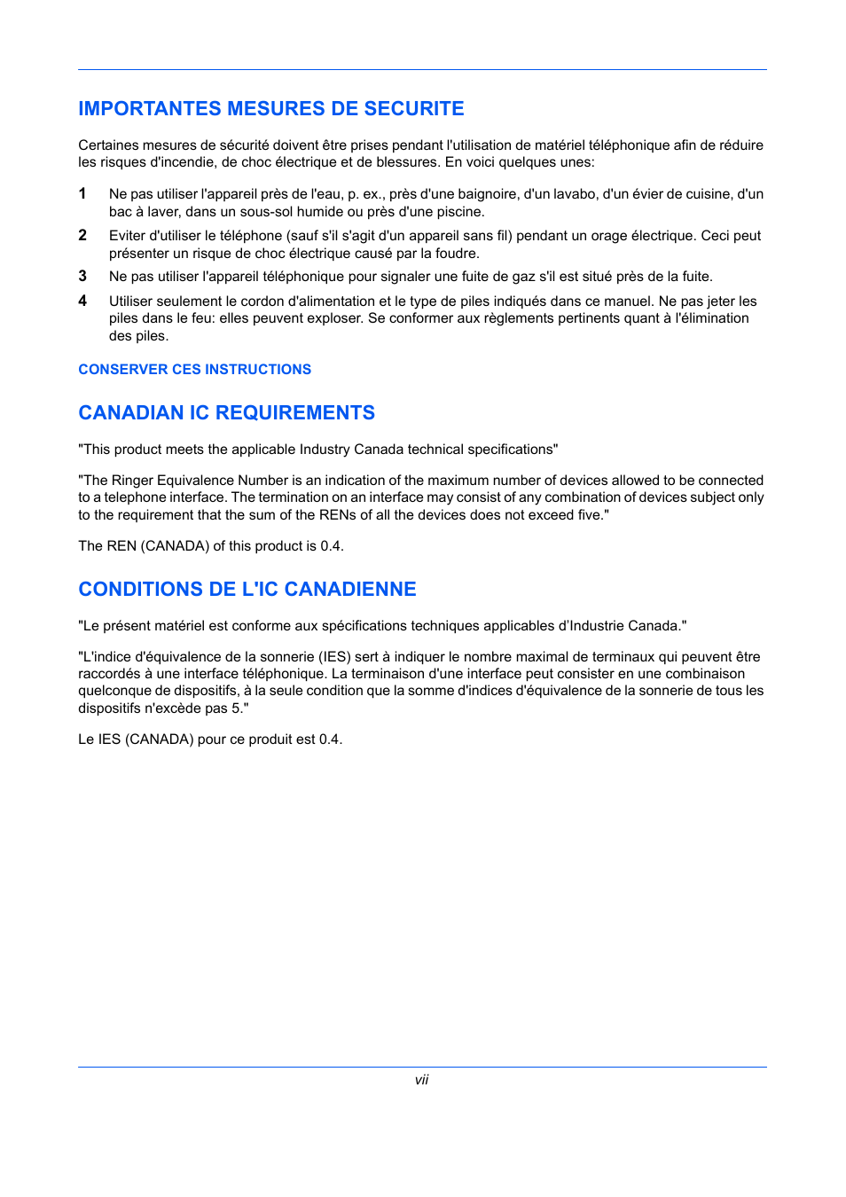 Importantes mesures de securite, Canadian ic requirements, Conditions de l'ic canadienne | TA Triumph-Adler DCC 2726 User Manual | Page 10 / 204