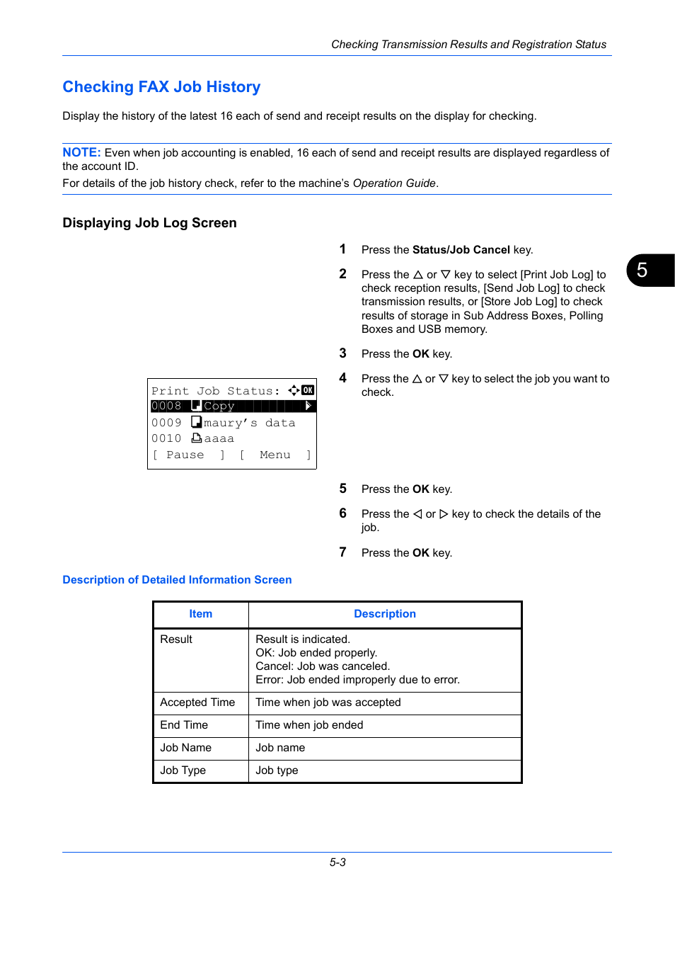 Checking fax job history, Displaying job log screen, Checking fax job history -3 | TA Triumph-Adler DCC 2726 User Manual | Page 118 / 204