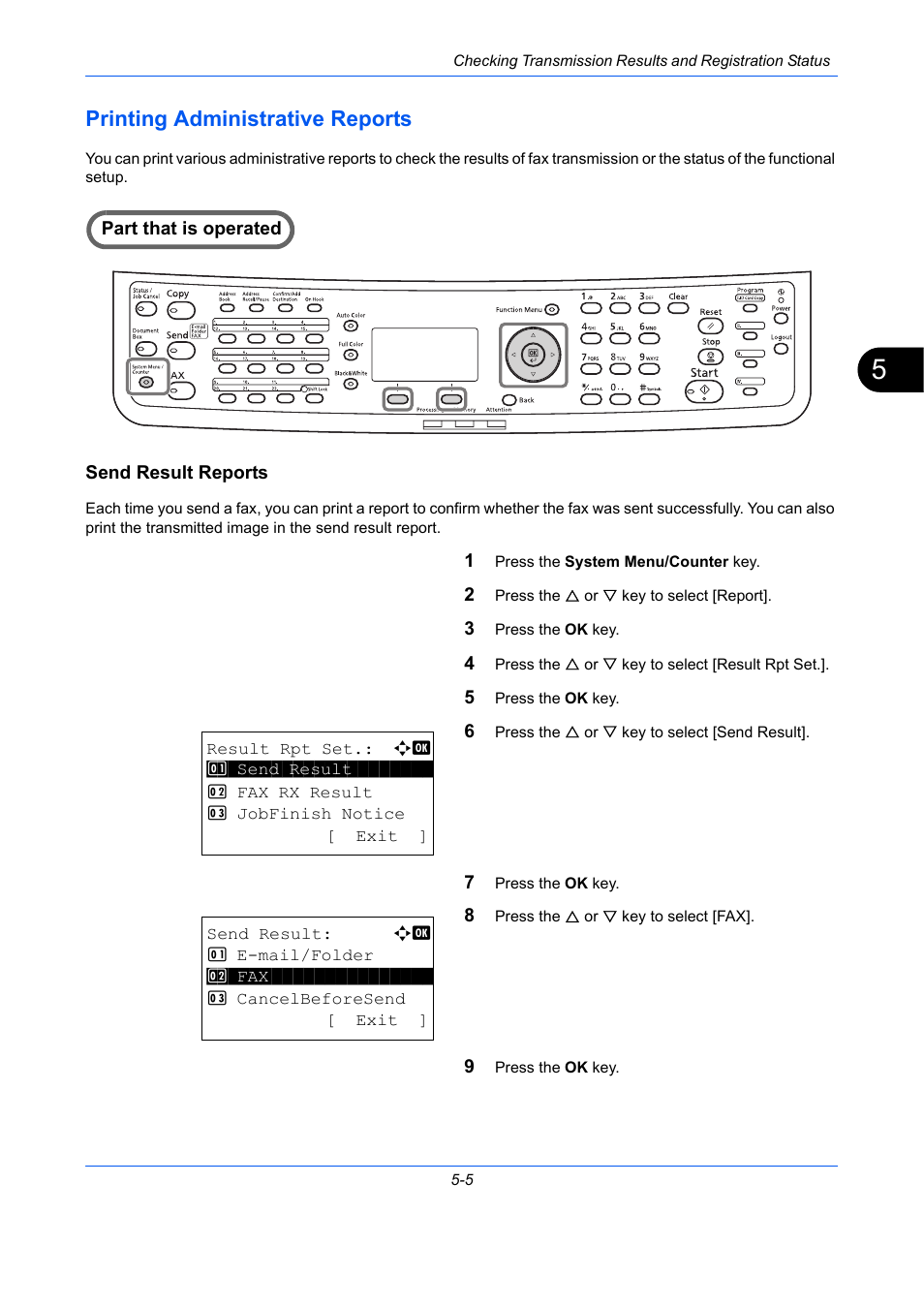 Printing administrative reports, Send result reports, Printing administrative reports -5 | TA Triumph-Adler DCC 2726 User Manual | Page 120 / 204