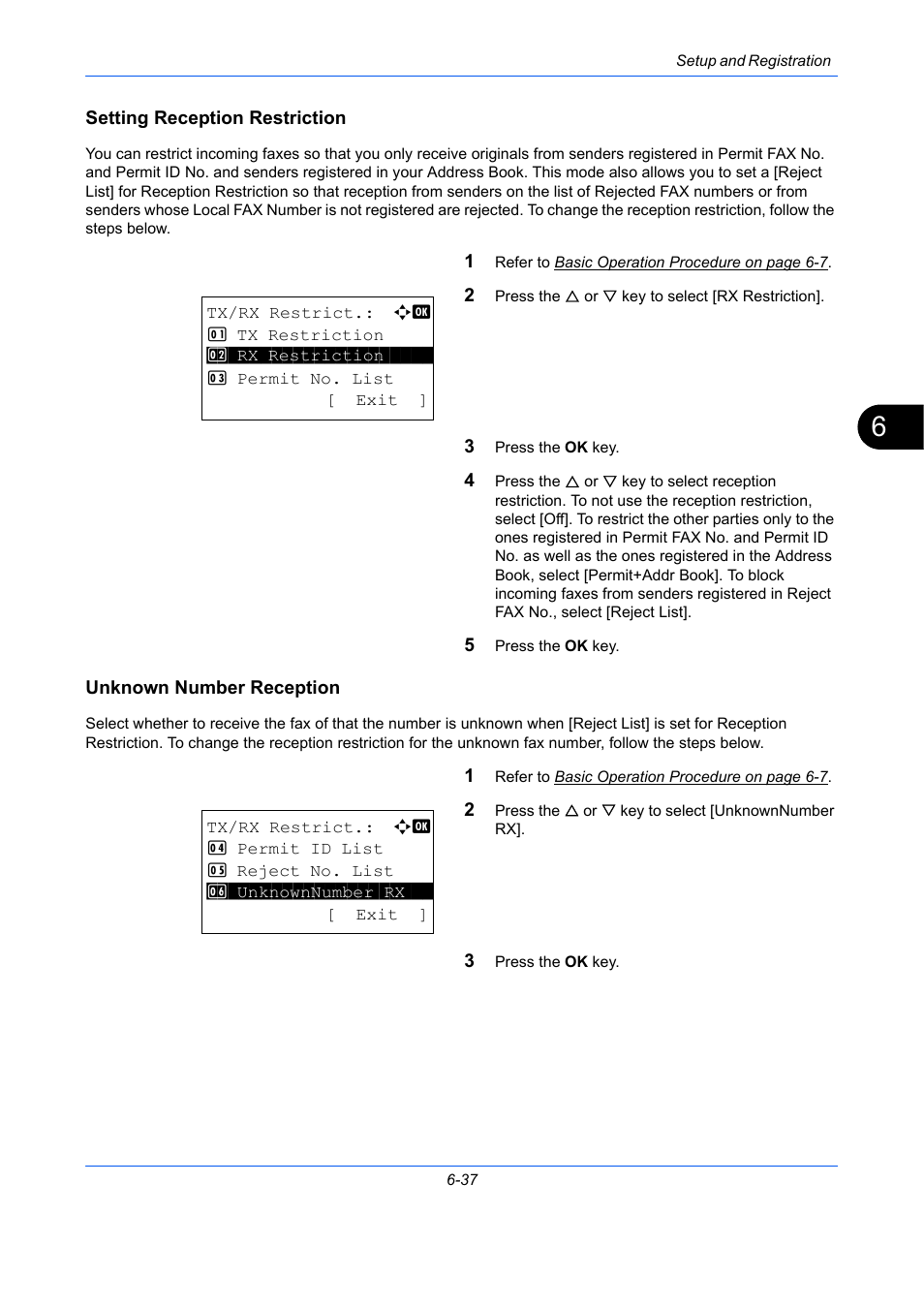 Setting reception restriction, Unknown number reception, E 6-37 | Ge 6-37 | TA Triumph-Adler DCC 2726 User Manual | Page 166 / 204