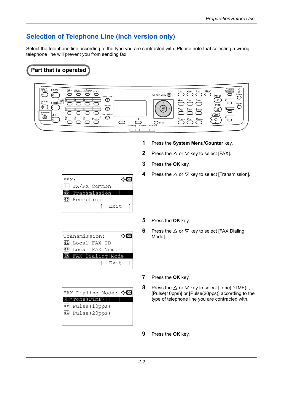 Selection of telephone line (inch version only), Selection of telephone line (inch version only) -2 | TA Triumph-Adler DCC 2726 User Manual | Page 23 / 204