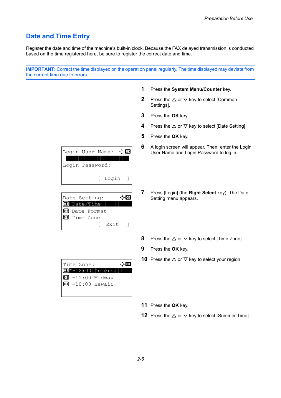 Date and time entry, Date and time entry -6 | TA Triumph-Adler DCC 2726 User Manual | Page 27 / 204
