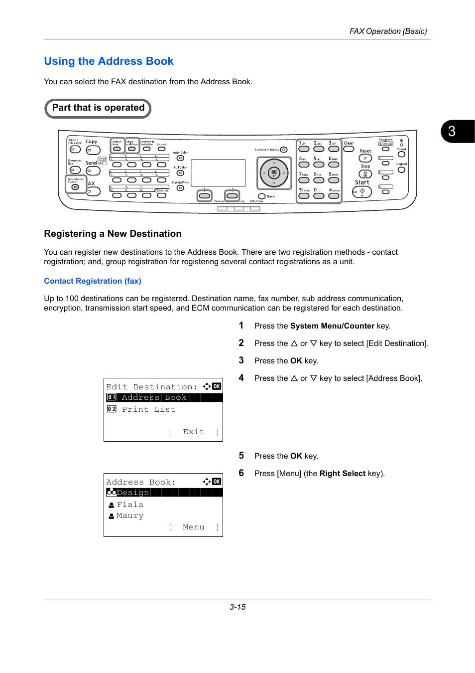 Using the address book, Registering a new destination, Using the address book -15 | TA Triumph-Adler DCC 2726 User Manual | Page 44 / 204