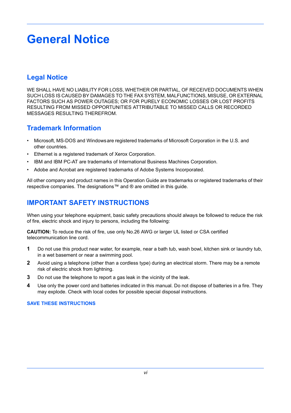 General notice, Legal notice, Trademark information | Important safety instructions | TA Triumph-Adler DCC 2726 User Manual | Page 9 / 204