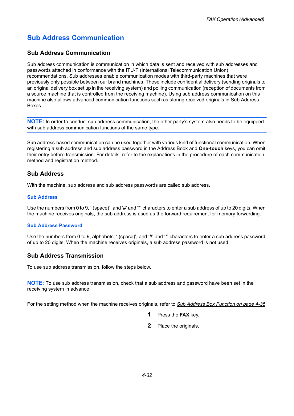 Sub address communication, Sub address, Sub address transmission | Sub address communication -32, Sub address box function -35 | TA Triumph-Adler DCC 2726 User Manual | Page 91 / 204