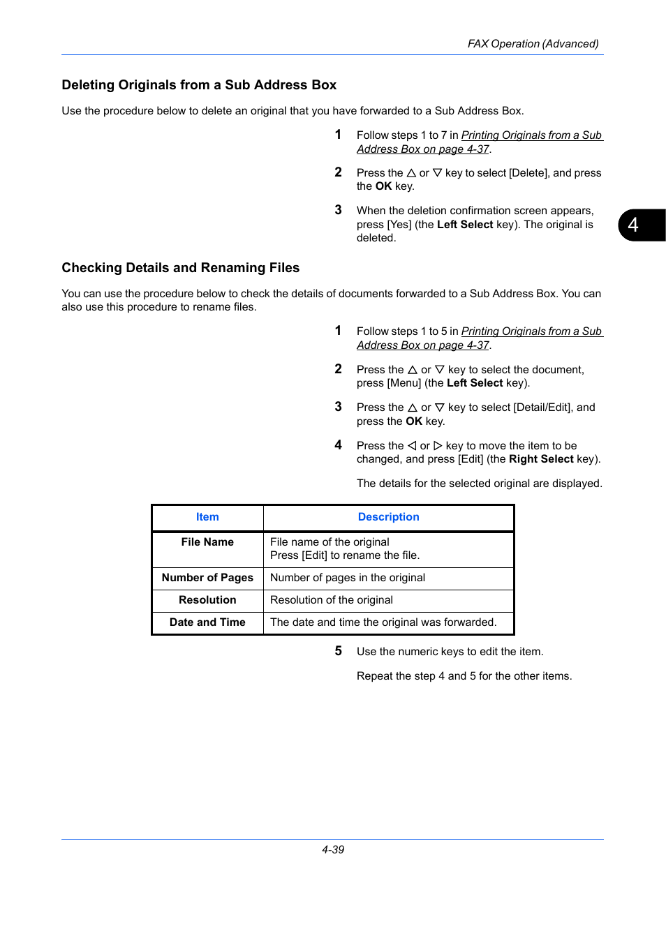 Deleting originals from a sub address box, Checking details and renaming files | TA Triumph-Adler DCC 2726 User Manual | Page 98 / 204