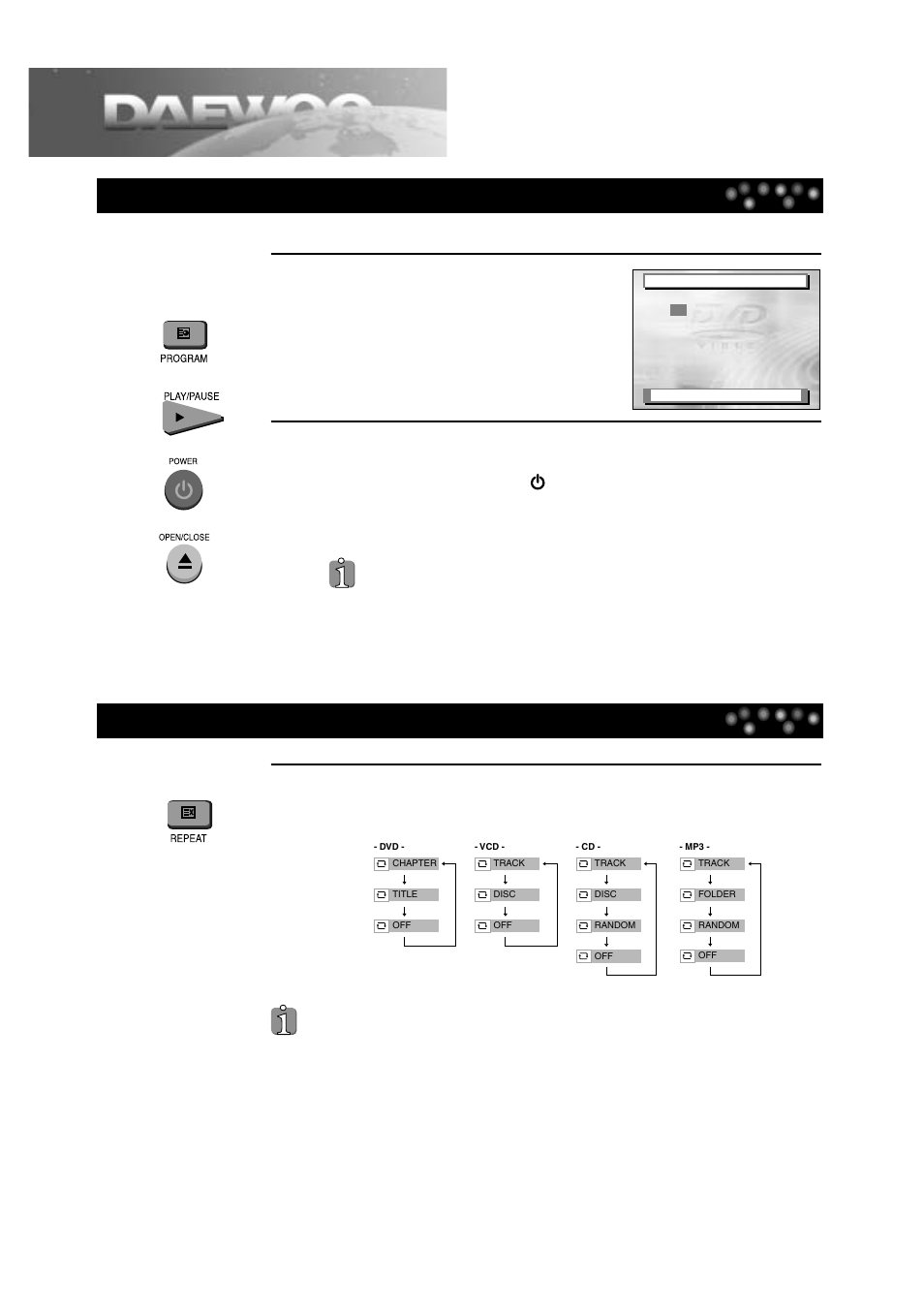 Playing a programmed order, Repeating a defined period, Playing a desired scene | Daewoo DTD-14H9 User Manual | Page 26 / 44