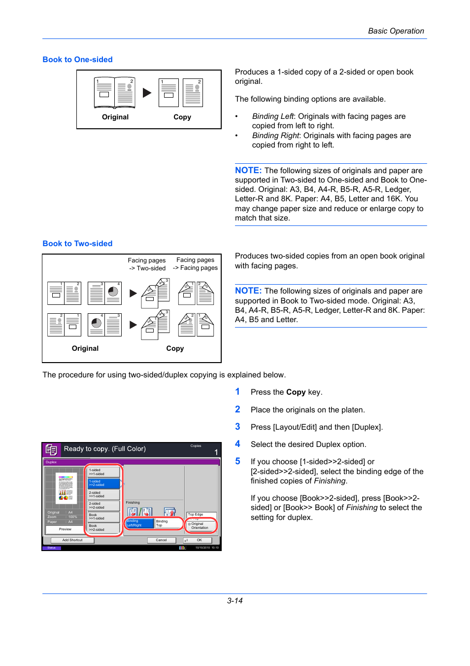 Press the copy key, Place the originals on the platen, Press [layout/edit] and then [duplex | Select the desired duplex option, Original copy | TA Triumph-Adler DCC 2930 User Manual | Page 108 / 588