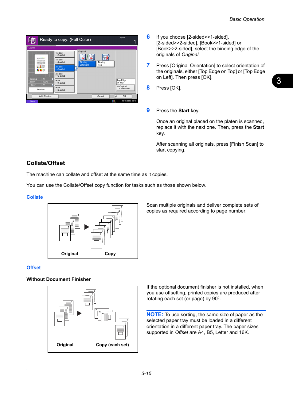 Collate/offset, E 3-15, Ge 3-15 | E 3-15), Basic operation 3-15, Press [ok, Original copy, Original copy (each set) | TA Triumph-Adler DCC 2930 User Manual | Page 109 / 588