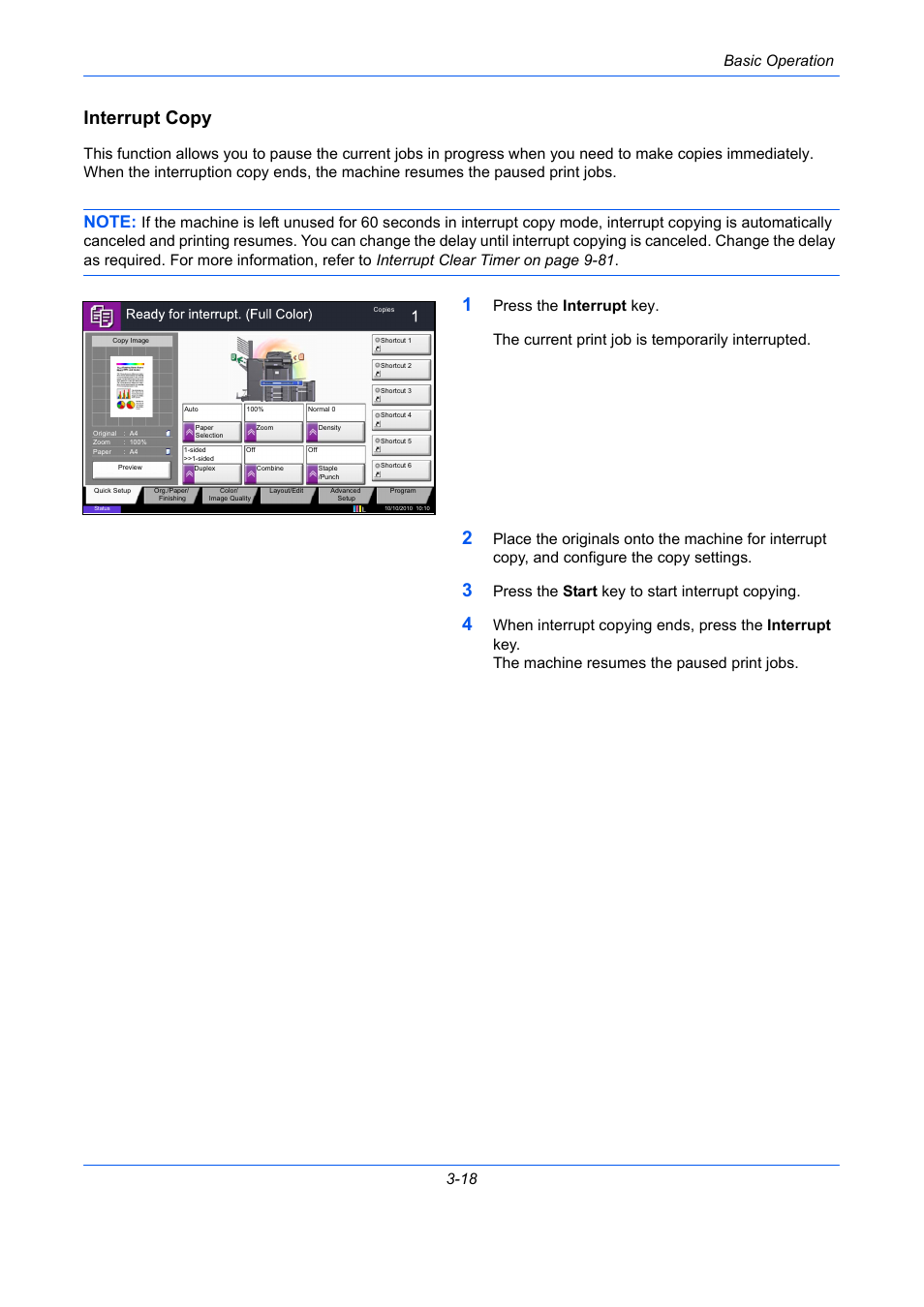 Interrupt copy, Basic operation 3-18, Press the start key to start interrupt copying | TA Triumph-Adler DCC 2930 User Manual | Page 112 / 588