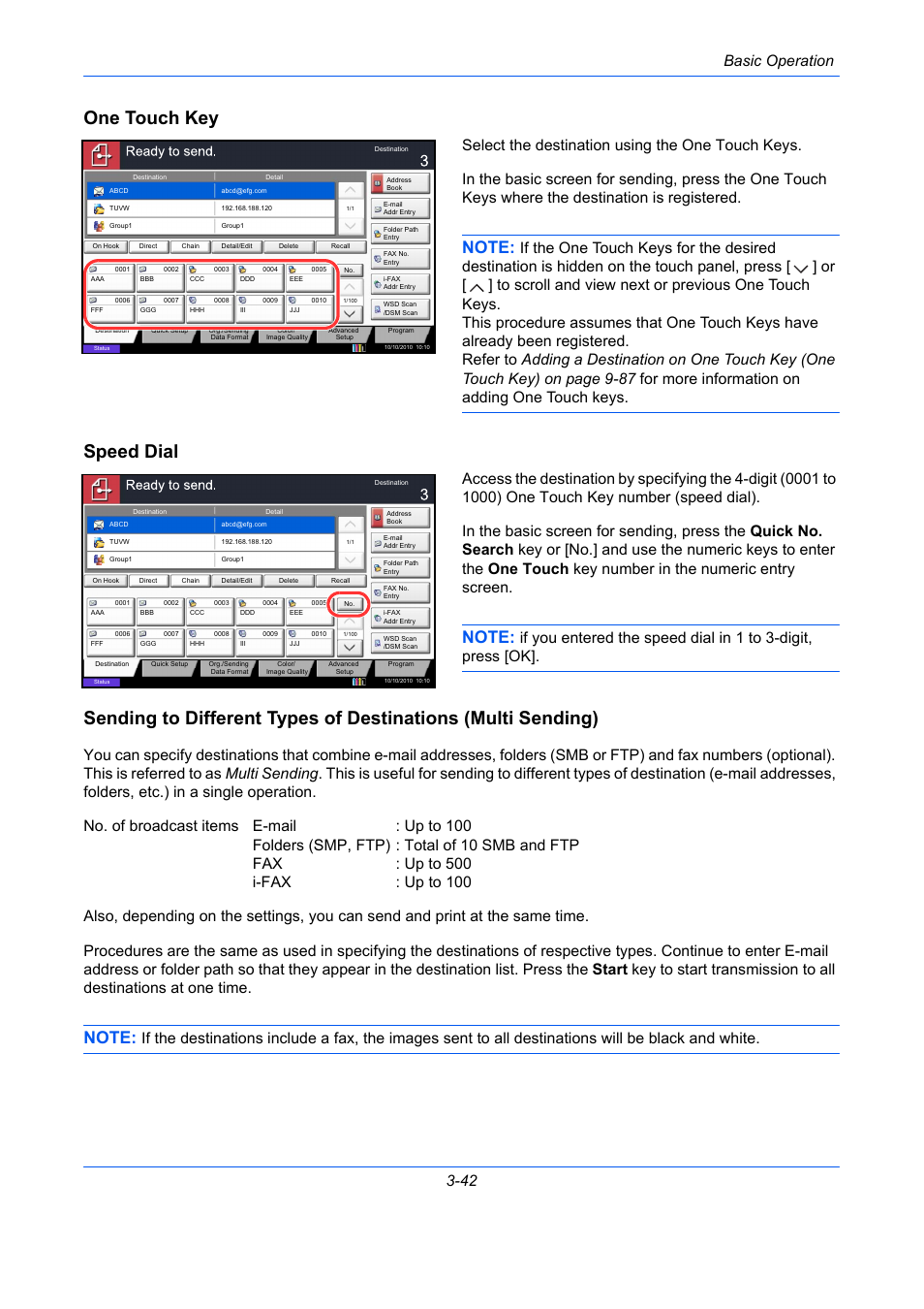 One touch key, Speed dial, Sending to different types of | Basic operation 3-42 | TA Triumph-Adler DCC 2930 User Manual | Page 136 / 588
