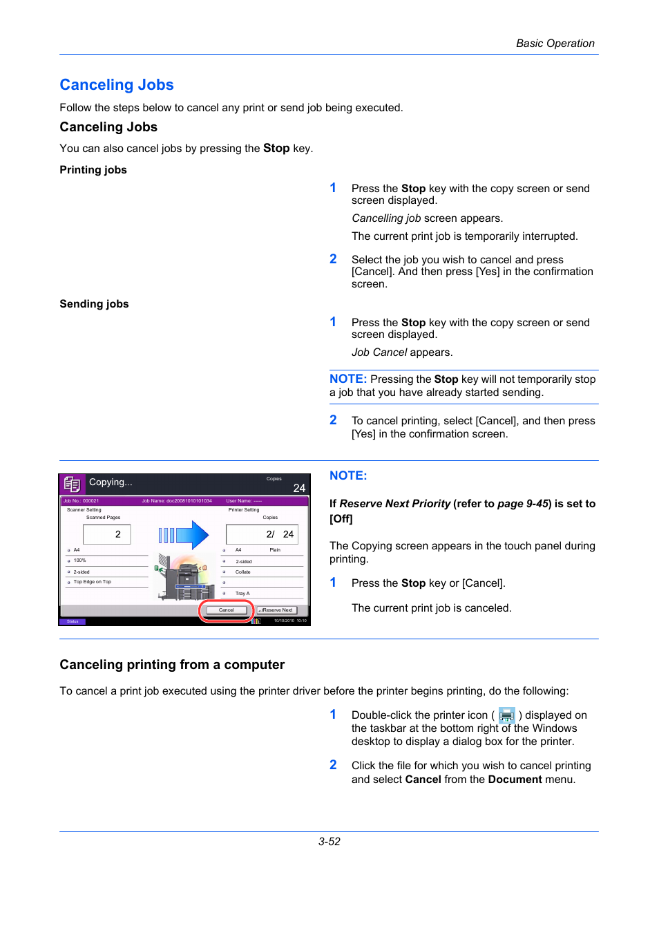 Canceling jobs, Canceling printing from a computer, Canceling jobs -52 | Stop | TA Triumph-Adler DCC 2930 User Manual | Page 146 / 588