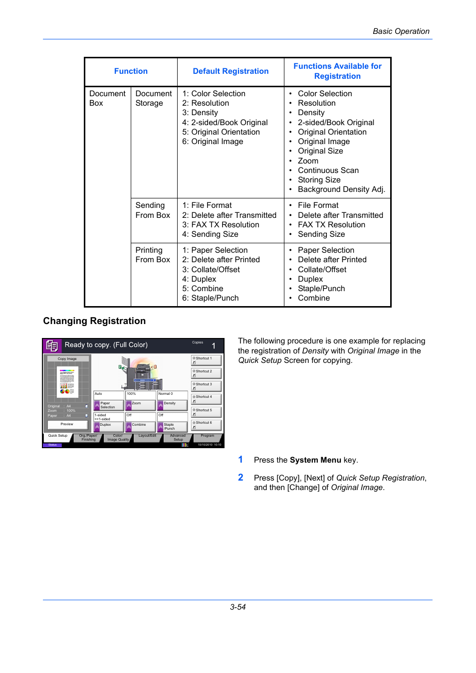 Changing registration, Basic operation 3-54, Press the system menu key | TA Triumph-Adler DCC 2930 User Manual | Page 148 / 588